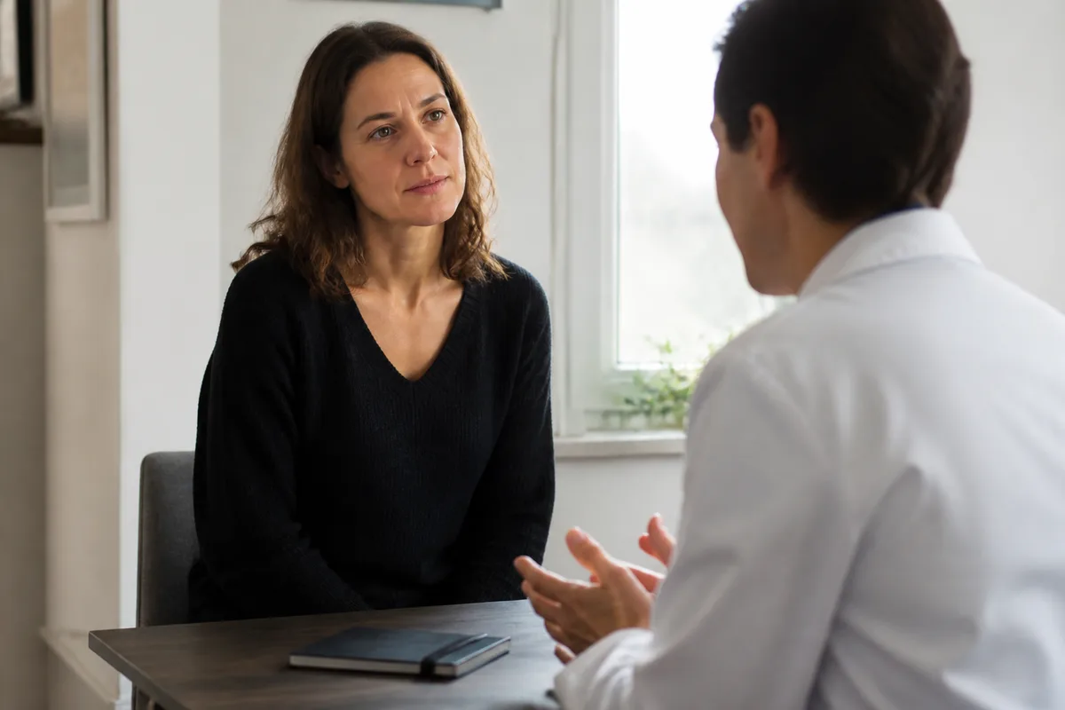Personne échangeant avec un professionnel de santé dans un cabinet calme au sujet d’un épuisement et d’une fatigue mentale