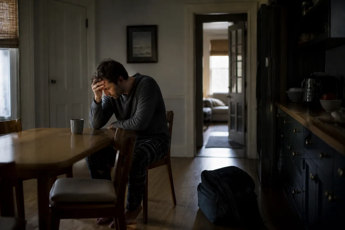 Personne en épuisement professionnel assise seule dans une cuisine au petit matin