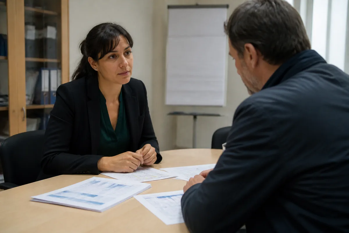 Salarié en CDI échangeant avec une représentante du personnel dans un espace de travail réel