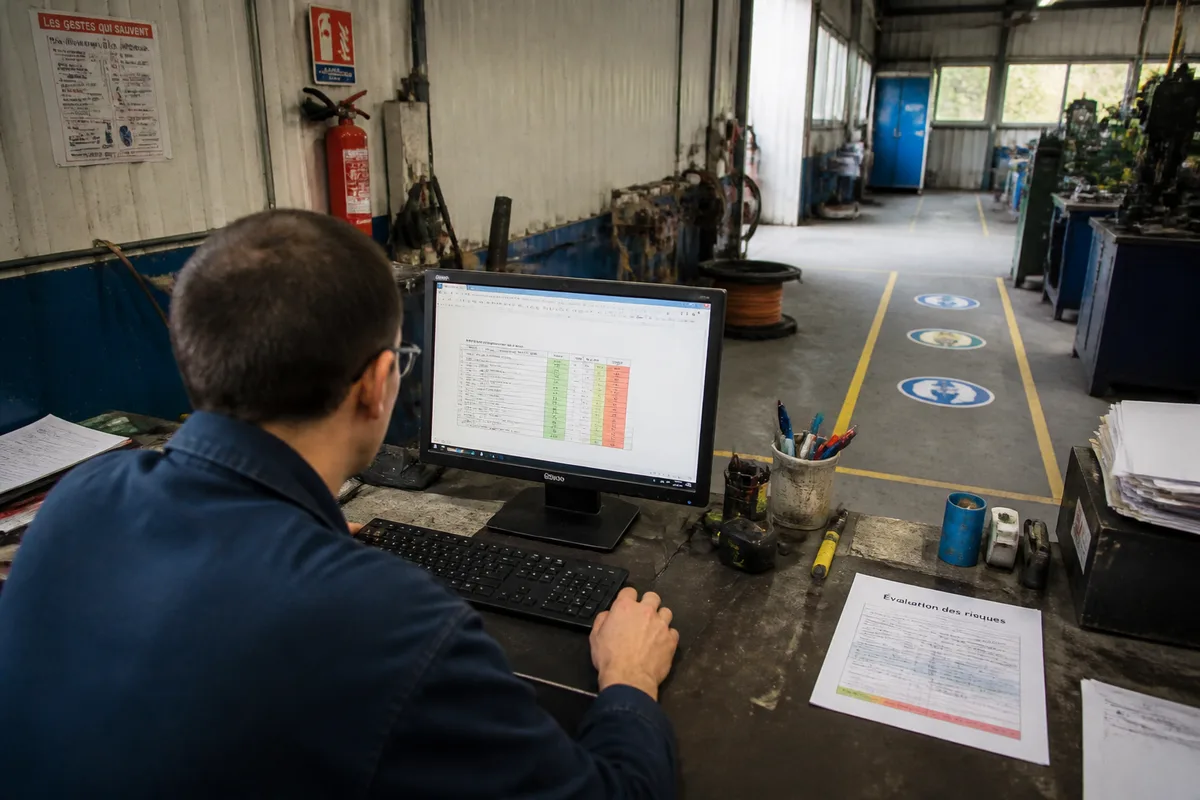 Poste de travail industriel sécurisé avec équipements de prévention et document unique en français