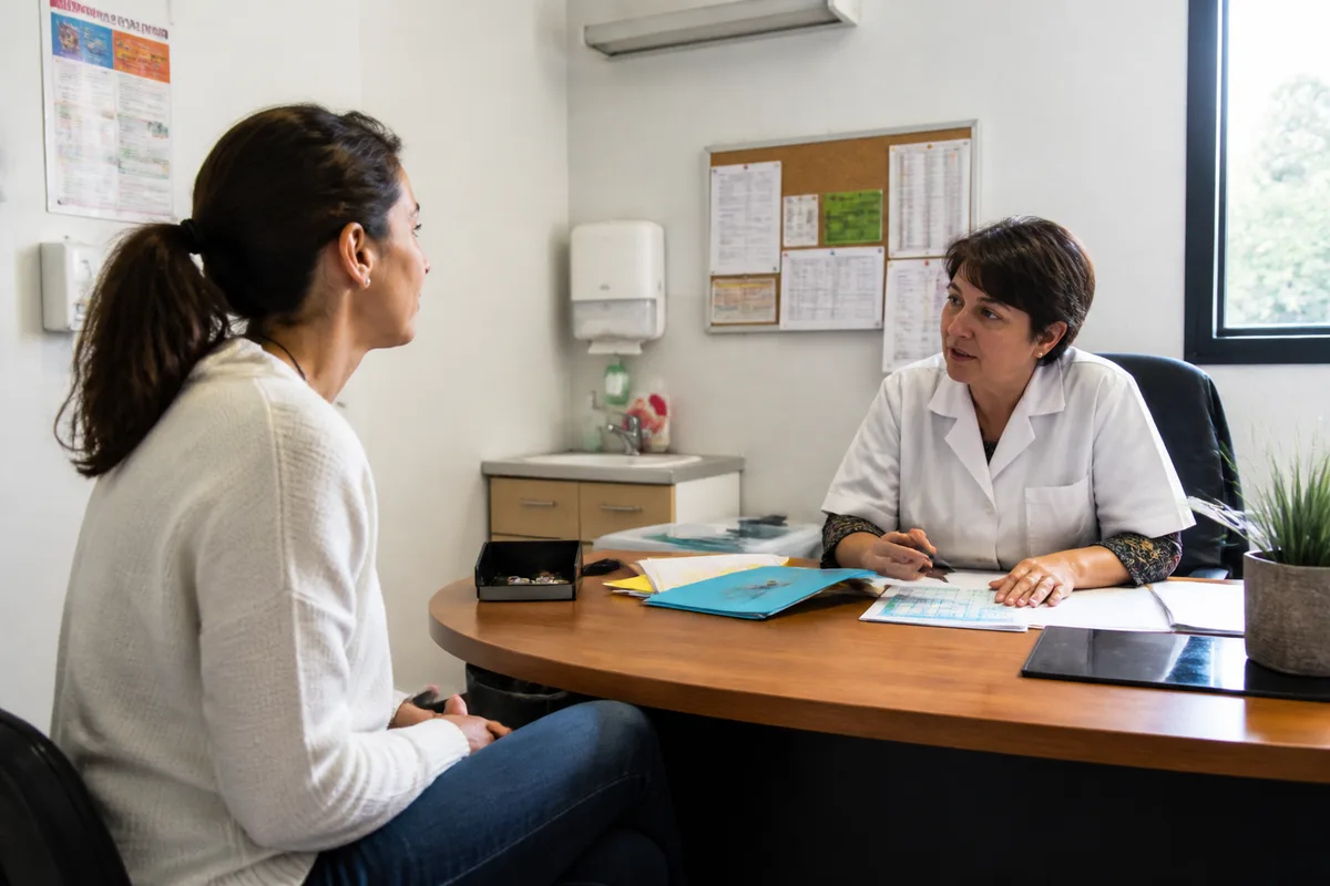 Salariée accompagnée lors d’une visite de prévention en santé au travail dans un cabinet médical professionnel